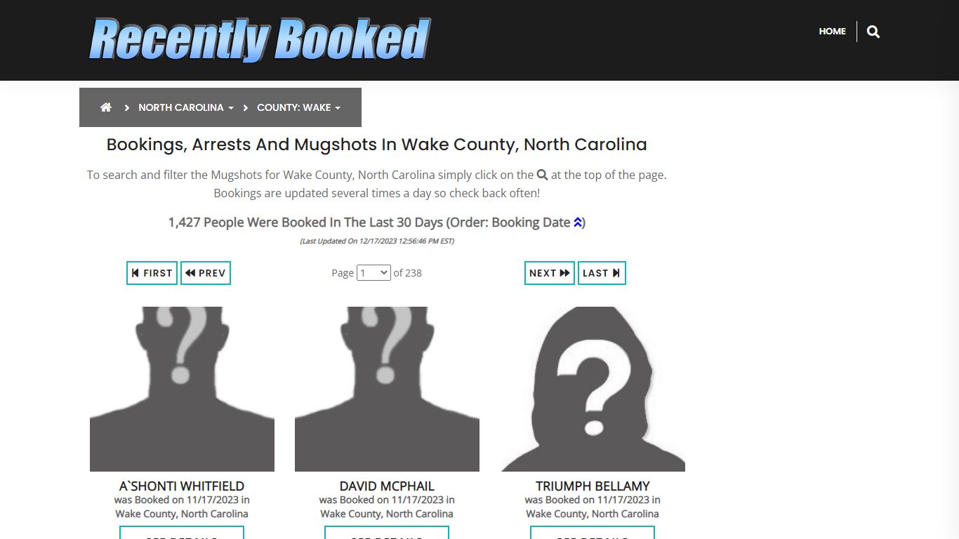 Recent bookings, Arrests, Mugshots in Wake County, North Carolina